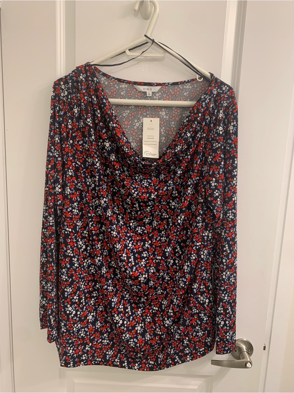 cleo Women's Long-Sleeve Cowl Neck Top - Navy, Red & White Floral